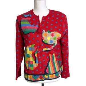 Vintage Susan Bristol Cardigan Women’s Medium Patchwork Cat Fish Colorful Zip Up